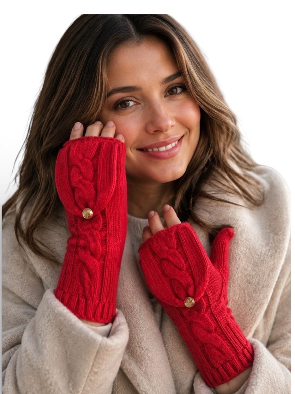 Lauren Ralph Lauren Red Cable Knit Convertible Pop-Top Mittens One Size NWOT